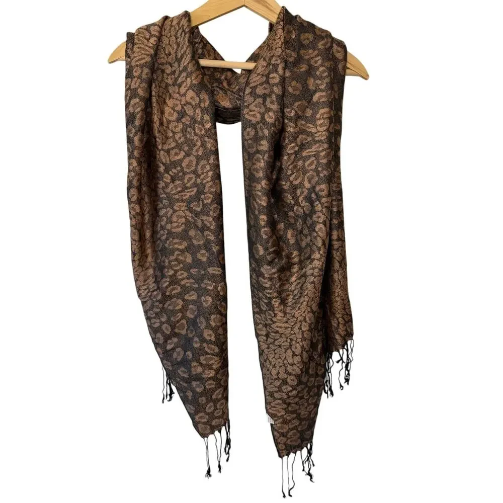 Animal Print Cheetah Brown & Black Boho Y2K Fringe Cotton Shawl Wrap Scarf